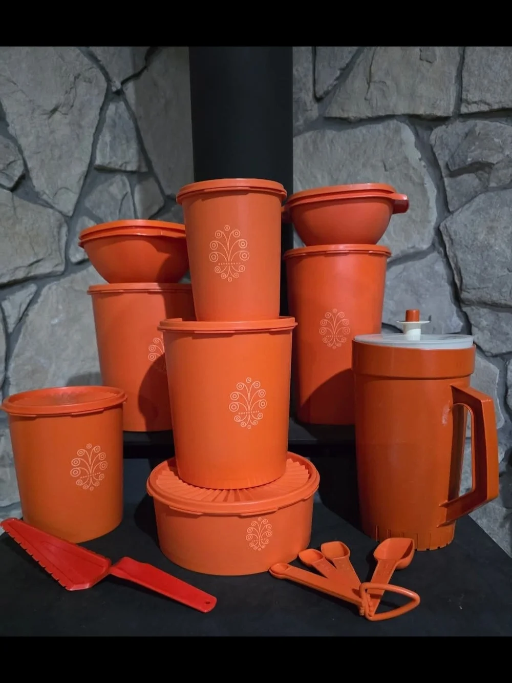 Orange Vintage Plastic Storage Canister Set with Pitcher & Measuring Spoons, Etc